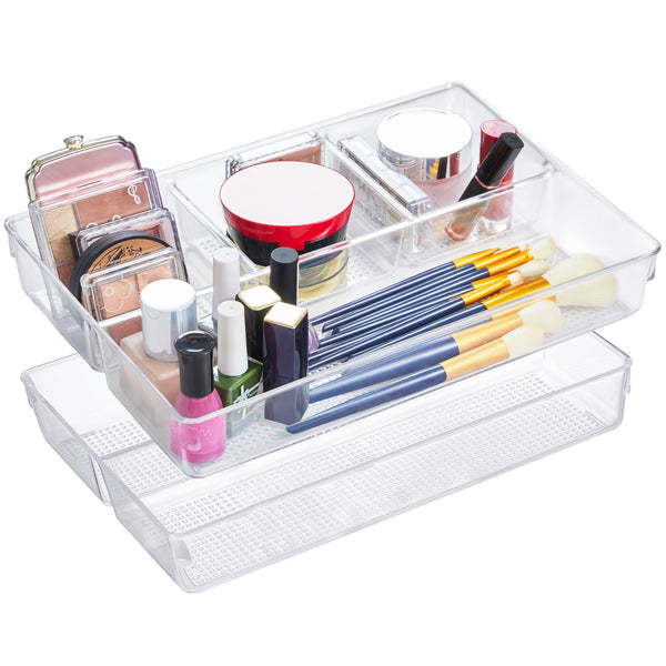 Leeden Clear Drawer Organizer, Drawer Divider Tray for Desk Shallow Cosmetic Organizer, Clear Plastic Storage Trays for Dressing Table,Bathroom (12.99“Lx8.98"W 2.32” Height, 2 Packs)