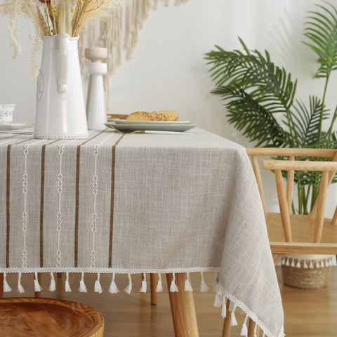 Oubonun Table cloth Rectangle Table Cotton Linen Farmhouse Table Cloths with Tassel Wrinkle Free Rectangular Tablecloth for Kitchen Outdoor Party Christmas Thanksgiving Coffee, Brown Line 55"x120"