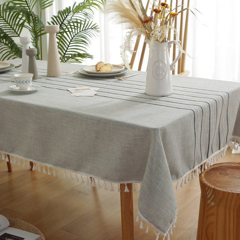 Oubonun Table cloth Rectangle Table Cotton Linen Farmhouse Table Cloths with Tassel Wrinkle Free Rectangular Tablecloth for Kitchen Outdoor Party Christmas Thanksgiving Grey, Black Line 55"x102"