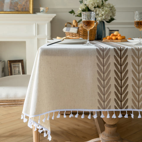 Oubonun Table cloth Rectangle Table for Dining Rustic Farmhouse Tablecloths Coffee Table Cover, Cotton Linen Fabric Rectanglular Table Cloths for 4 to 10 Seats Christmas Beige, Wine Leaf 55"x102"