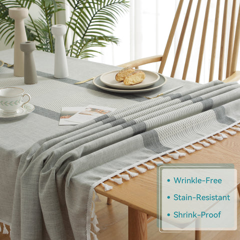 Oubonun Table cloth Rectangle Table Cotton Linen Farmhouse Table Cloths with Tassel Wrinkle Free Rectangular Tablecloth for Kitchen Outdoor Party Christmas Thanksgiving Grey, Double Stripe 55"x120"