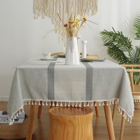 Oubonun Table cloth Rectangle Table Cotton Linen Farmhouse Table Cloths with Tassel Wrinkle Free Rectangular Tablecloth for Kitchen Outdoor Party Christmas Thanksgiving Grey, Double Stripe 55"x120"